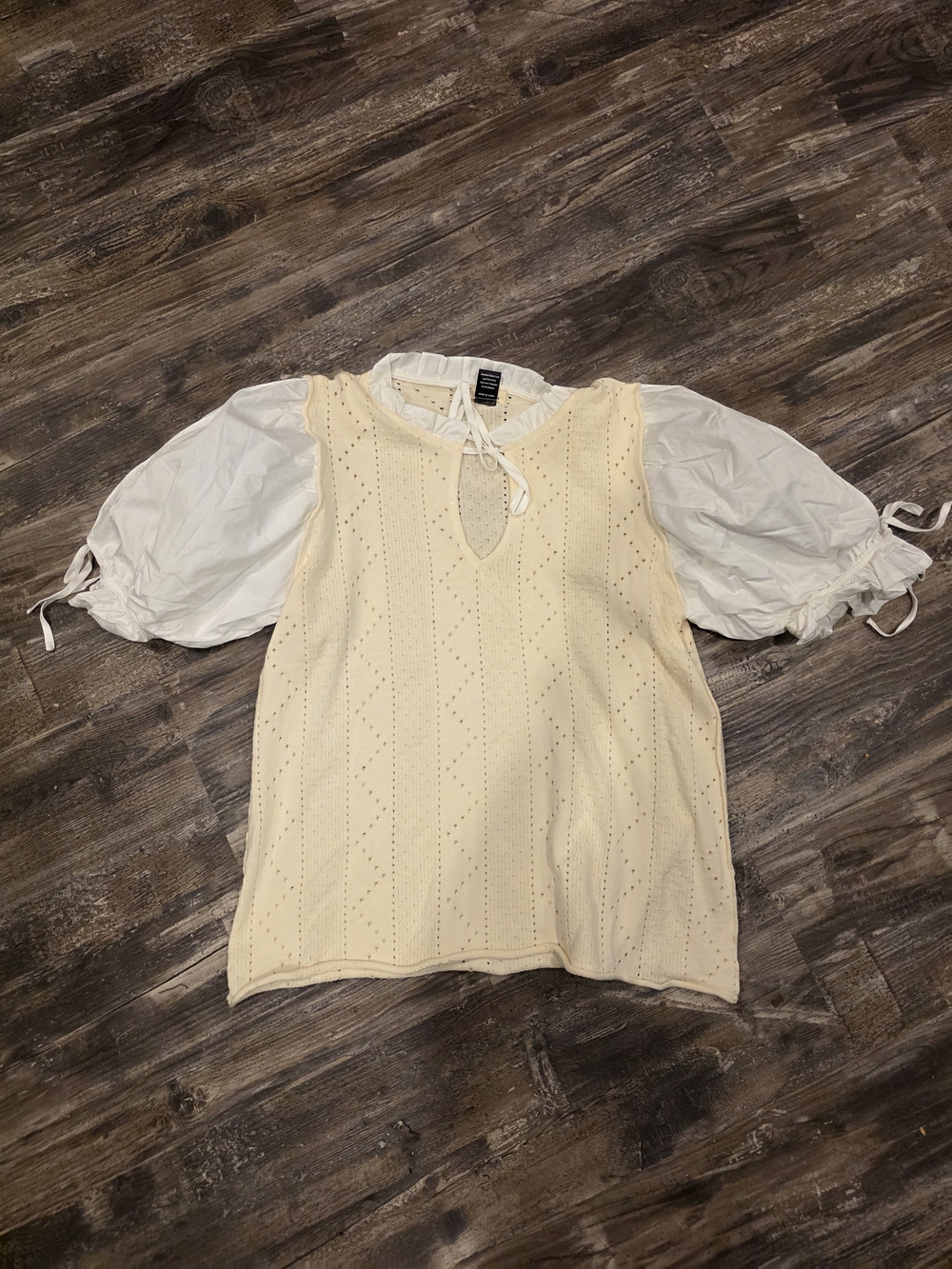Cream Knit Vest with White Puff Sleeve Blouse